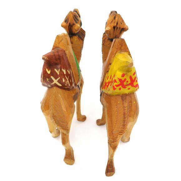 Pair of Hand Carved Wooden Camels 6” Folk Art Painted Figures Vintage Boho Decor - Picture 9 of 11